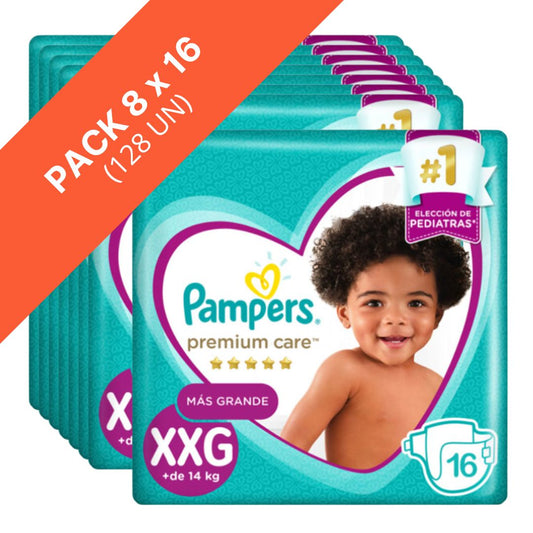 Pañal Pampers Premium Care Talla XXG Bolsón 8 x 16 unidades